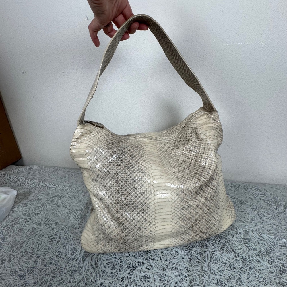 Furla Hobo Bag Cream Snakeskin Embossed Genuine Italian Leather Luxury Elevated